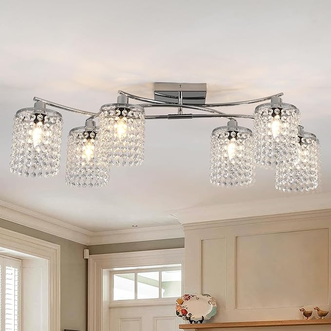 Garwarm 35" Semi Flush Mount Ceiling Light, 6 Lights Modern Crystal Chandeliers, Dining Room Light Fixture Kitchen Lighting Fixtures Ceiling for Living Room Bedroom Chrome
