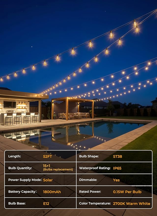 Brightown 108FT 50+2 LED Solar String Lights Outdoor Waterproof, Patio Lights with Remote and Shatterproof Bulbs, Dimmable & Timable, 3 Light Modes, Solar Lights Outdoor for Yard Garden Camping Party