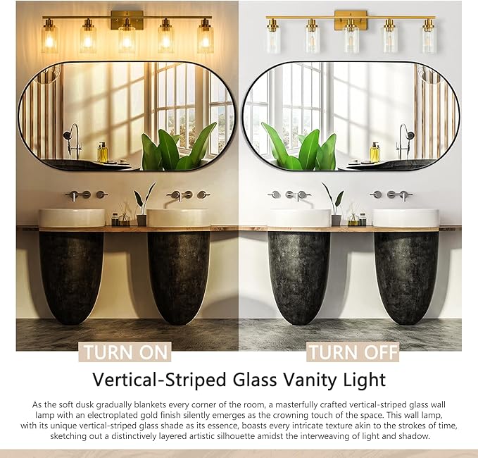 Jonsi Gold 5-Light Bathroom Vanity Light with Glass Shade, Modern Gold Bathroom Lights Over Mirror, W 40.2 x H 10.7 inches