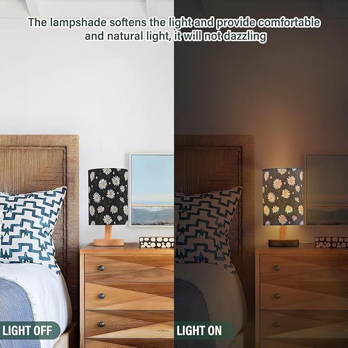 Aslsiy White Daisy on Black Bedside Table Lamp Cute Flower Nightstand Lamp Night Light Fabric Shade for Bedroom Living Room Home Office