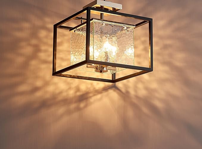 AGV LIGHTING CL015 Semi Flush Mount Ceiling Light Fixture, Close to Ceiling Light, 4-Lights E12 Base, Hazy Textured Glass Shade, Matte Black & Shine Gold Finish