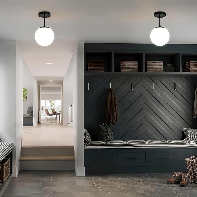 Globe Semi Flush Mount Ceiling Light, Mid Century Modern Light Fixture Ceiling, Milk Glass with Matte Black Finish, Living Room Kitchen Bedroom Hallway Storage Schoolhouse Laundry(LED Bulb Incl.)