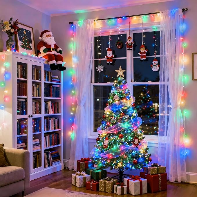 JMEXSUSS Connectable 100 LED Multicolor Christmas Lights for Tree, 8 Modes Indoor Outdoor Clear Wire, 33ft Colorful Plug-in for Christmas Tree Bedroom