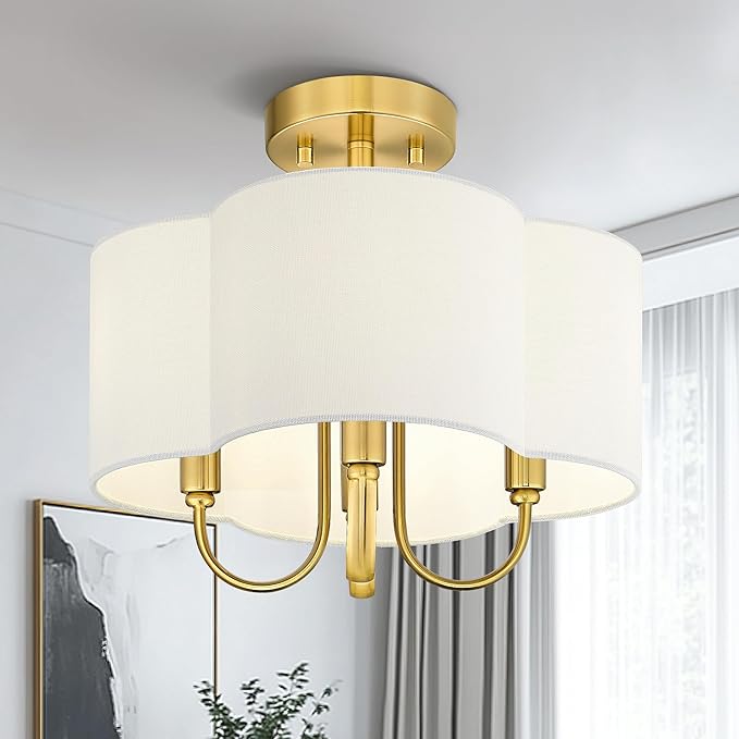 Gold Semi Flush Mount Ceiling Light, 13.5" 4-Light Light Fixtures Ceiling Mount with Fabric Shade in Quatrefoil for Kitchen Nursery Entryway Hallway Bedroom, SM179-BG