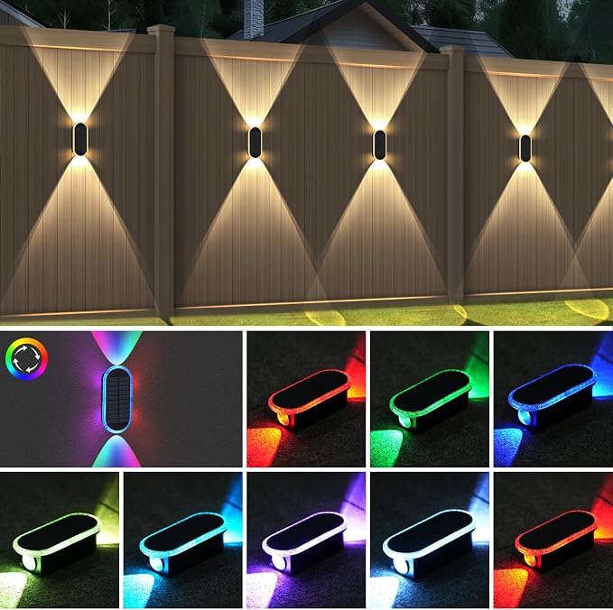 Herzila 6 Pack Solar Fence Lights Outdoor, RGBW Solar Wall Lights Waterproof Top and Bottom Lighting Solar Powered for Garden/Pool Cage/Patio/Wall (2 Installation Modes)