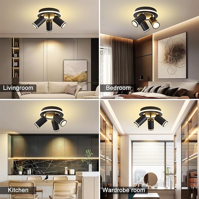 LED 3 Light Track Lighting Kit, Black Round Ceiling Spot Lighting Fixture with Flexibly Rotatable Heads, Modern Spotlight for Kitchen, Living Room, Bedroom, Dual Lighting Design,Includes 3 x GU10 Bulb