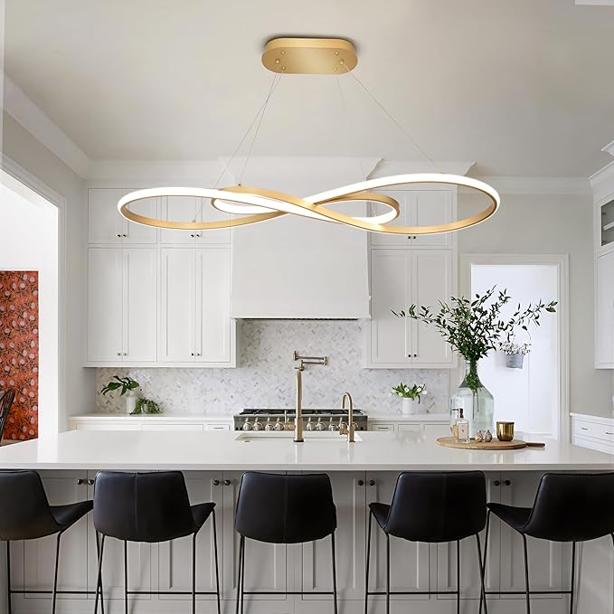 Modern Led Pendant Light, Dimmable Gold LED Chandelier for Dining Room Light Fixture Over Table Modern Kitchen Island Lighting, Height Adjustable Ceiling Light