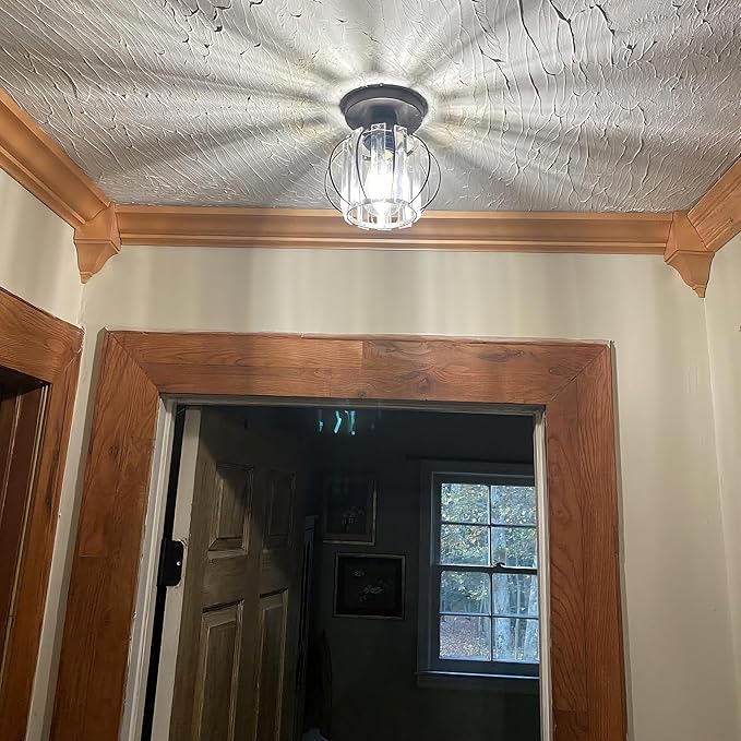 Small Oil Rubbed Bronze Hallway Light Fixture Ceiling 1 Pack- Semi Flush Mount with Crystal Cage Shade, 6.7" Low Profile Light Fixture, Dimmable E26 Base Foyer Lighting for Hallway Closet Laundry Room