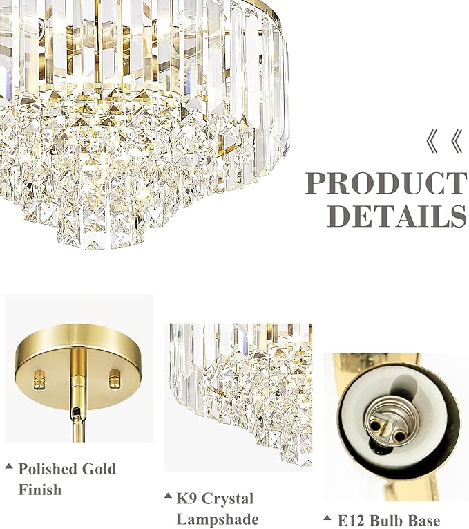 15'' Gold Chandelier, 5-Tier Crystal Chandelier, Modern Pendant Light for Dining Room Kitchen Island Bedroom Entryway, CC4215-5W-PG
