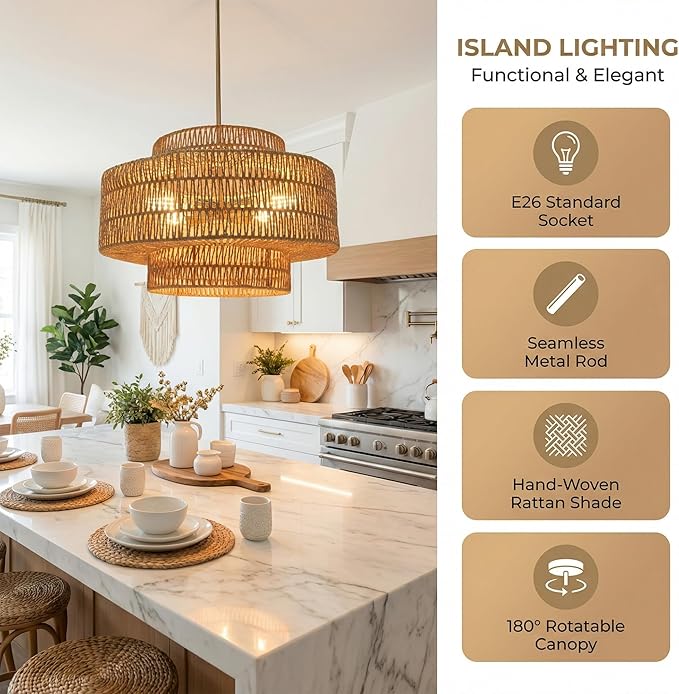 4 Light Pendant Lighting, Farmhouse Hanging Light Fixture for Kitchen Island & Dining Room, Industrial Vintage Ceiling Lamp with E26 Base, Adjustable Height, 20” Large Boho Rattan Chandelier