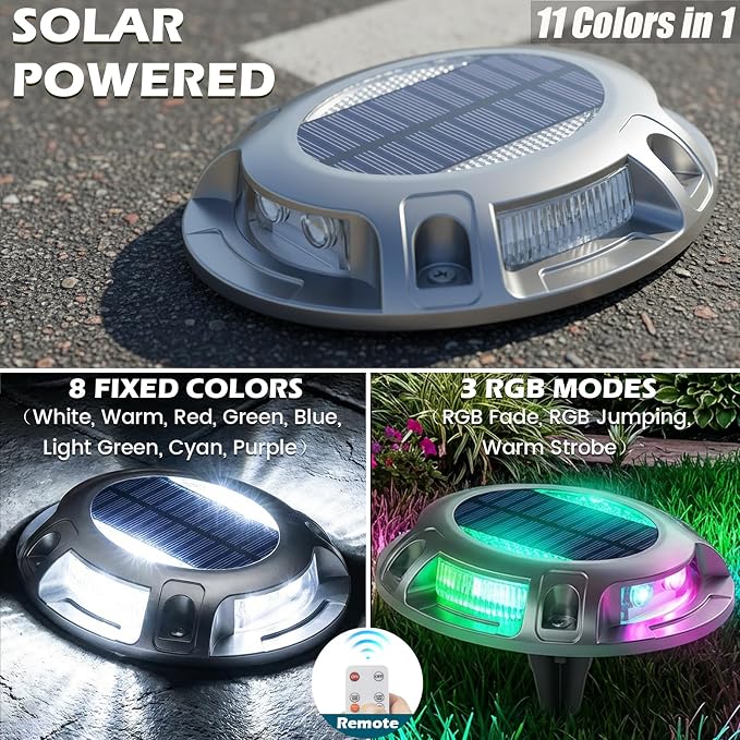 SIEDiNLAR Solar Driveway Light with Remote, 11 RGB Modes, Waterproof Outdoor Safety Light for Driveway Marker Deck Dock Walkway Pathway Step Yard Garden (4 Pack)