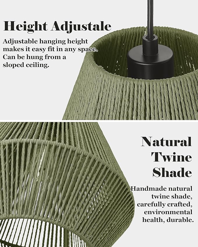 ELYONA Woven Pendant Lights, 7” Rustic Rattan Hanging Lamp Adjustable Handwoven Basket Shade, Boho Pendant Light Fixtures for Kitchen Island, Dining Room, Bedroom, Farmhouse Bar, Foyer Hallway, Green