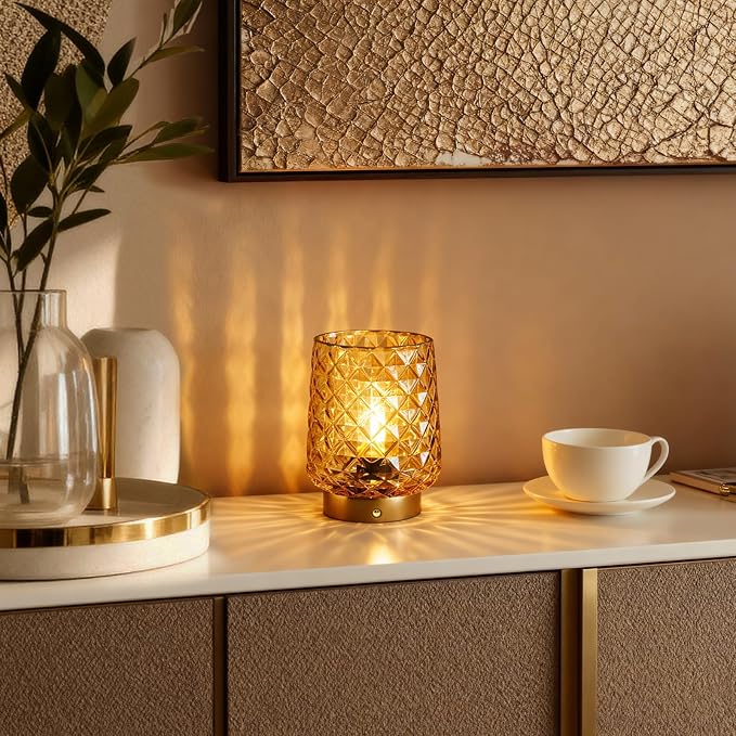 MJ PREMIER Cordless Rechargeable Table Lamp, Dimmable Portable Night Light with Diamond Facet Design, 1800mAh Battery Operated Lamp for Bedside Patio Outdoor Home Decor Emergency Gift for Women Yellow