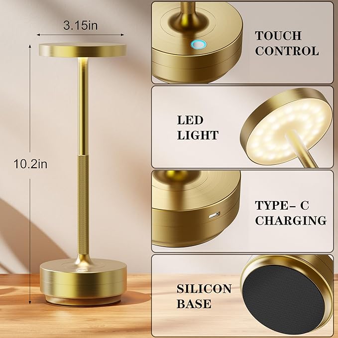SAKRINGT 2 Pack Rechargeable Cordless Table Lamp - Battery Operated LED Portable Table Light with 3 Color Stepless Dimming, Memory Function - IP54 Waterproof for Outdoor, Restaurant, Patio, Camping