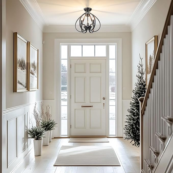 Modern Black Semi Flush Mount Ceiling Light, 15" Farmhouse Globe Cage Chandelier with E12 Base, 40W Max, No Assembly Required, Gothic Semi Flush Ceiling Fixture for Foyer Hallway Bedroom Stairwell