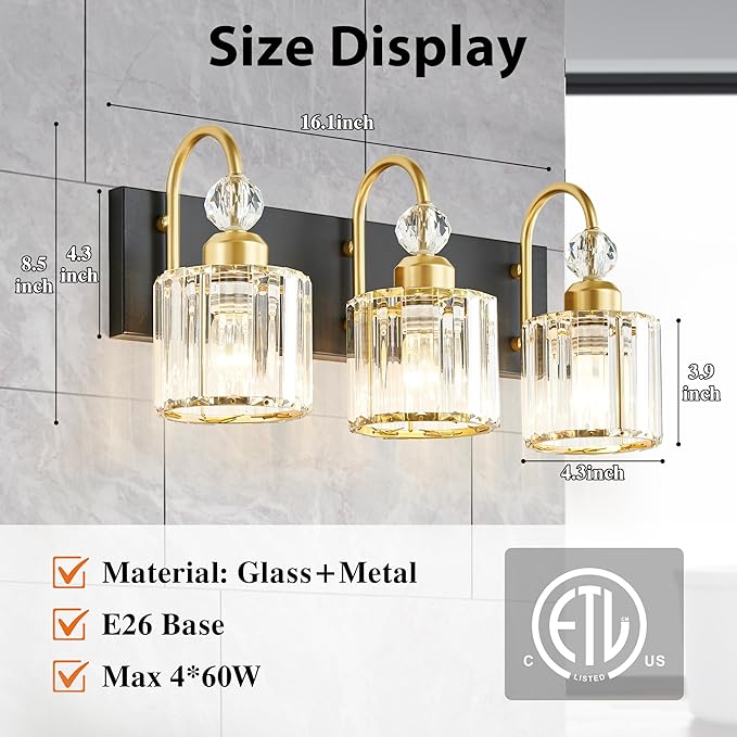Bathroom Vanity Light Fixtures Over Mirror - Makeup Lighting Black Gold - for Modern Wall, Bath, Desk, Farmhouse, Hallway 3 Crystal Lights
