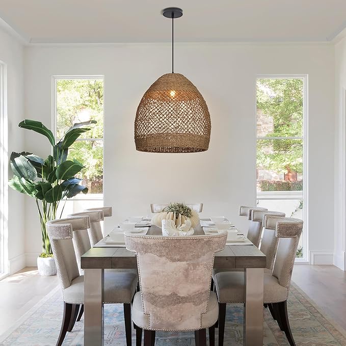 17.7" Boho Rattan Chandelier for Dining Room, 1-Light Hand Woven Pendant Light Fixture with Wicker Lampshade, Coastal Hanging Pendant Lighting for Kitchen Island Bedroom Living Room Nursery