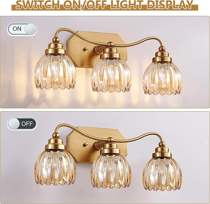 Vintage Bathroom Light Fixtures, 3 Light Gold Bathroom Vanity Light, Matte Antique Brass Finish with Amber Crystal Glass Shade, Wall Sconces Lighting for Bedroom, Living Room（Amber-colored Glass）