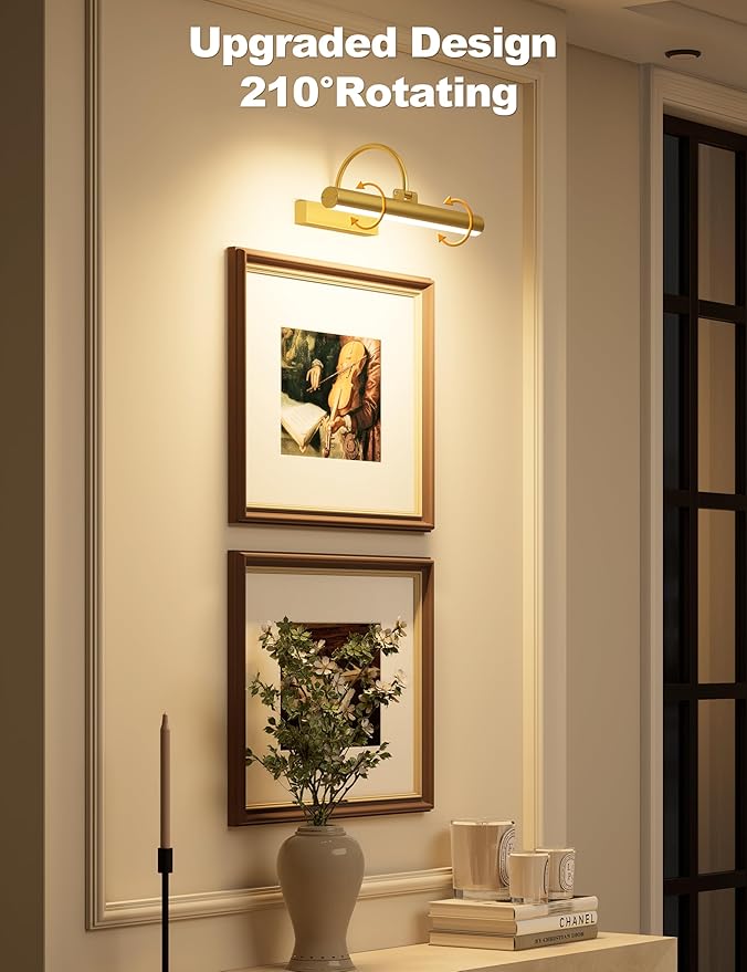 Bridika Picture Light for Wall with Remote, Rechargeable Battery Operated Picture Light, 3 Color Modes and Dimmable Classic Art Lights for Paintings, Gallery, Bedroom, Bathroom with Timer Gold 1