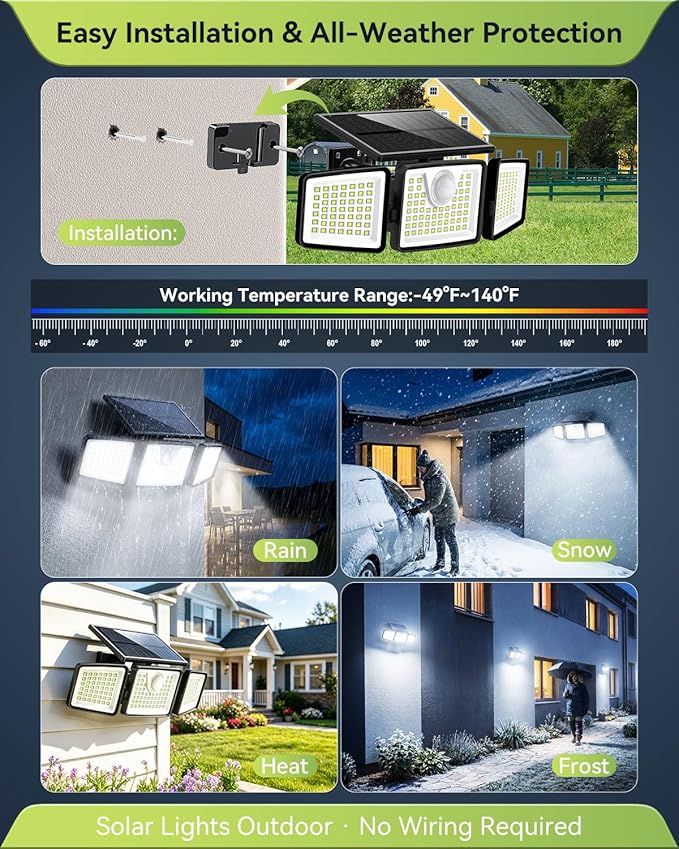 daphino 2500LM Solar Lights Outdoor with Motion Sensor,3 Head 270° Wide Angle Street Area Lights,IP65 Waterproof Security Lighting with 3 Modes(Non-Remote,1 Pcs)