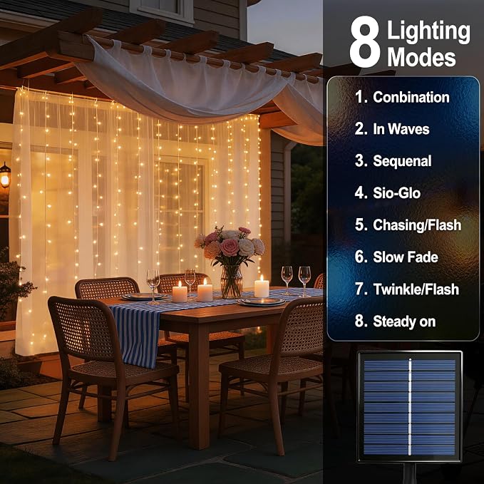 2 Pack Solar Curtain Light Outdoor, 20ft x 10ft, 480 LEDs in Total Solar Powerd String Lights Waterproof Outside for Garden Party Wedding Decór