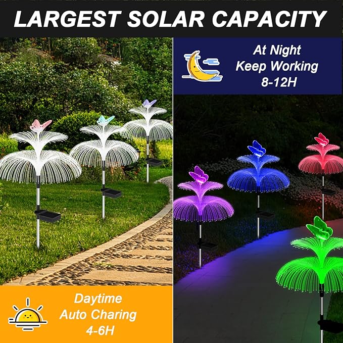 Weepong Solar Garden Lights Waterproof 6 Pack Solar Lights Outdoor Decorative 7 Color Changing Double Jellyfish and Butterfly Flower Yard Garden Decor Lawn Christmas Outside, Gifts for Mother's Women