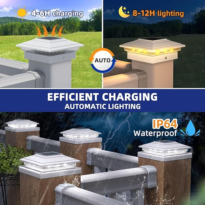APONUO Solar Post Cap Lights 6-Pack, White IP64 Waterproof 16 LED Fence Post Solar Lights for 4x4 5x5 6x6 Wood/Vinyl Posts, 2-Mode Deck Post Lights Solar Powered, 10-Hr Lighting for Patio Yard Porch