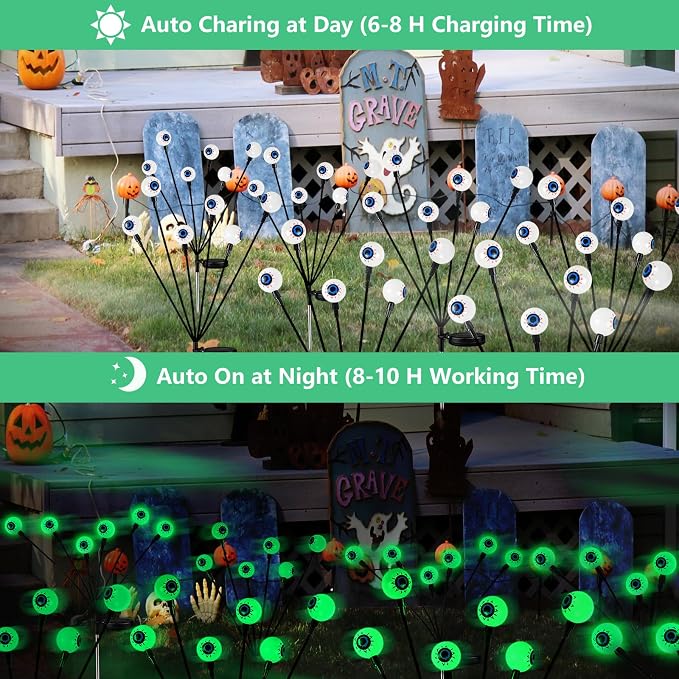2026 Upgraded 6 Pack Halloween Decorations Outdoor, Green Solar Eyeball Lights, 36 LED Eye Balls Swaying Firefly Light Waterproof (Soft Glowing or Steady on) for Garden Lawn Pathway Grave Yard Decor
