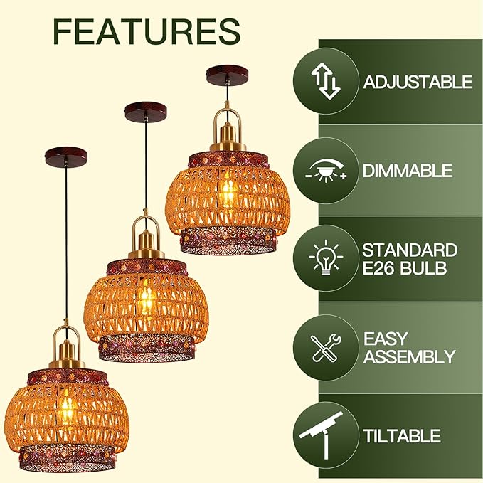 12.6-inch Vintage Burgundy Bohemian cage Chandelier, mid-Century Wicker Tiffany-Style lamp, Suitable for Kitchen Island, Farmhouse Dining Room, bar, Coffee Shop~