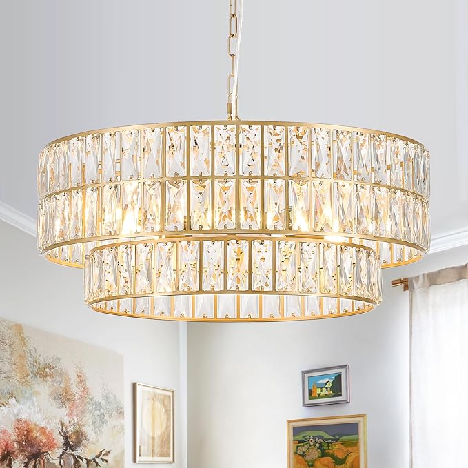 CATINER 24'' Modern Crystal Chandelier 8-Lights Luxury Gold Semi Flush Mount Ceiling Light Fixtures Round Crystal Pendant Chandelier for Living Room Dining Room Foyer Bedroom Kitchen