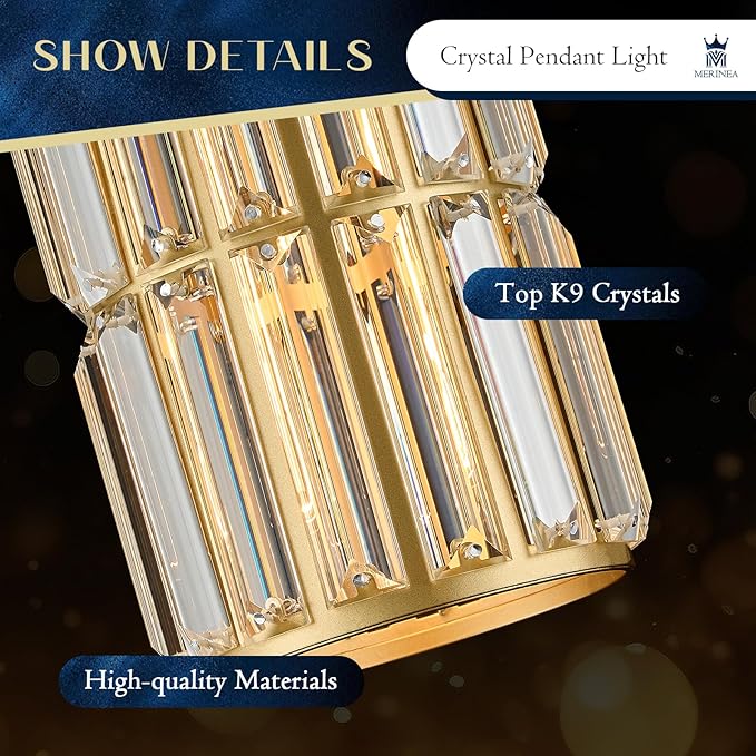 Gold Crystal Pendant Light for Kitchen Island, Mini Hanging Light Fixture with K9 Prism Crystals, 1-Light Modern Ceiling Pendant in Brass Finish for Dining Room, Bedroom, Bathroom, Bar E26