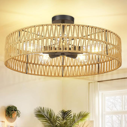 Hamilyeah 24 inch Rattan Boho Flush Mount Ceiling Light Fixture with 5 Light,Woven Light Fixtures Ceiling Mount for Living Room, Bedroom, Kitchen