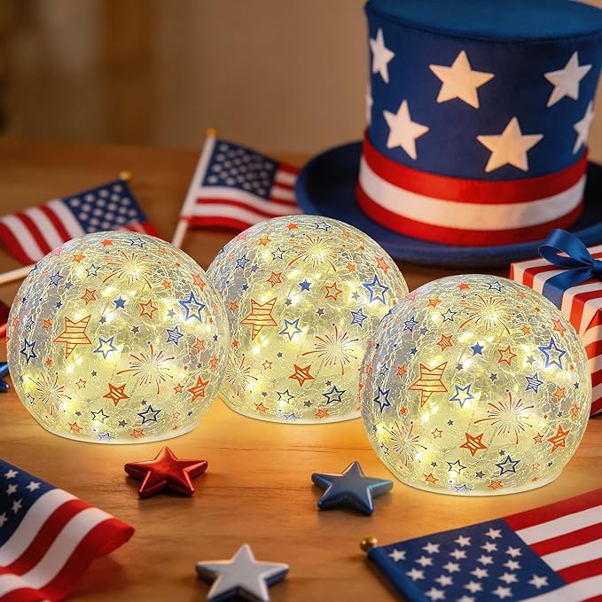 3PCS Independence Day Decorative Lights, 3.93-inch Independence Day Desktop Decoration LED Night Light, Cracked Glass Ball Light with Timer, 4th of July Decorations (Fireworks Pattern)