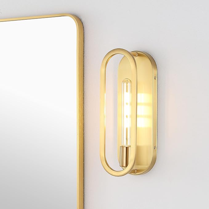 JONATHAN Y 14.25" Brass Gold LED Wall Sconce, 1-Light Mid-Century Lamp for Bathroom Vanity, Bedroom, Hallway, Dimmable Bohemian Metal Fixture, LED Bulb Included JYL9917A