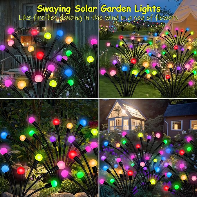 Solar Garden Lights Outdoor, 2 Pack 16 LED Solar Firefly Lights Waterproof, Sway by Wind, Swaying Light for Yard Patio Backyard Garden Planter Flower Bed Pathway Outdoor Decoration (Multicolor)