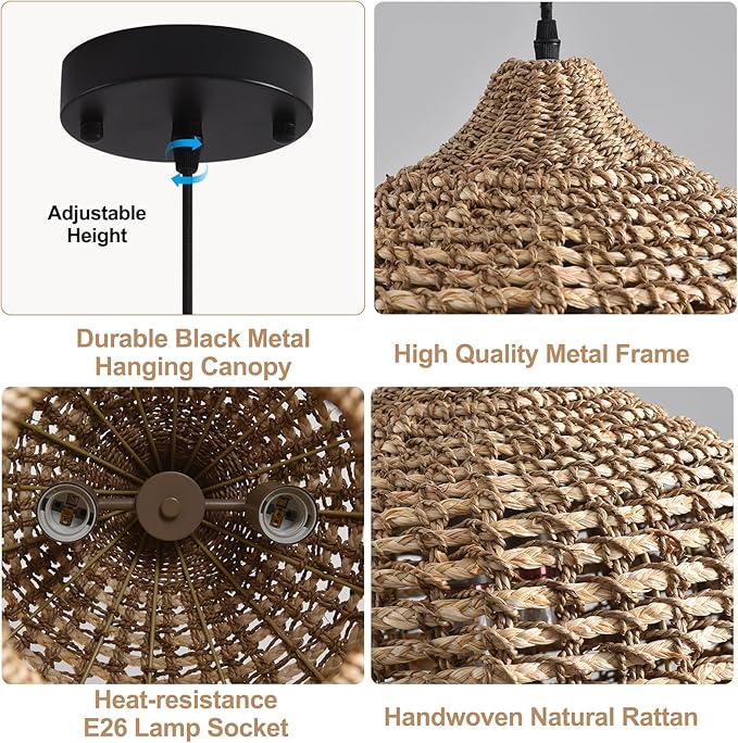 15.75" Rattan Pendant Light,2-Light Boho Hand Woven Coastal Wicker Hanging Ceiling Chandeliers,for Kitchen Island, Dining Room, Farmhouse,Foyer