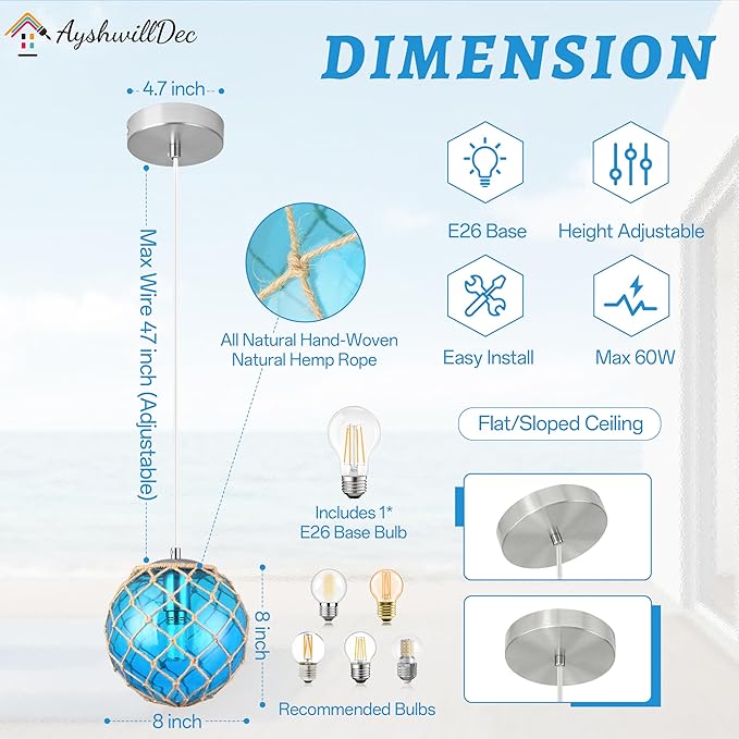 Blue Pendant Light Coastal Pendant Light Nautical Pendant Lighting Beach House Lighting Fixtures Ocean Lighting Fixture Coastal Hanging Light Fixtures Fish Float Glass Ball Lighting(Bulb Incl.