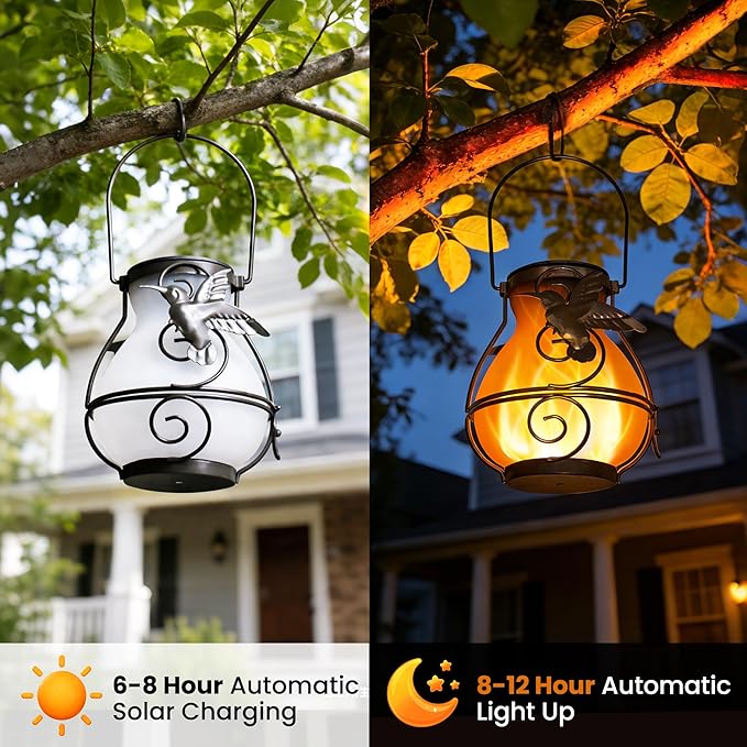 Solar Lanterns Outdoor Waterproof Hummingbird Hanging Solar Lantern Outdoor Garden Decoration Gifts for Mom Grandma Flickering Flame Lights 4 Packs