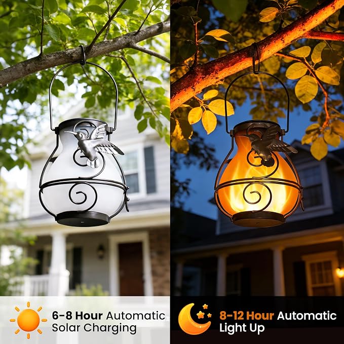 Solar Lanterns Outdoor Waterproof Hummingbird Hanging Solar Lantern Outdoor Garden Decoration Gifts for Mom Grandma Flickering Flame Lights 2 Packs
