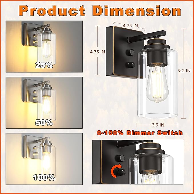 Loyareal Wall Sconces Set of Two, Oil Rubbed Bronze Wall Scone with Switch, Bedside Wall Lamps, Sconces Decor Set, Bedroom Sconces, Modern Bathroom Light Fixtures with Clear Glass Shade