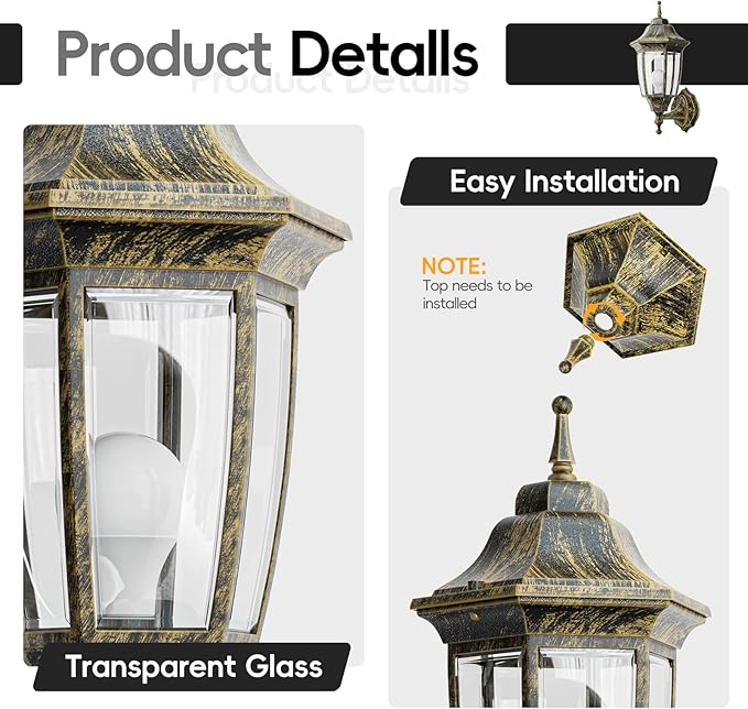 EMART Outdoor Front Porch Light, Exterior Anti-Corrosion, Waterproof Aluminum & Glass Shades Wall Lamp Fixture, Modern Sconce Lantern for Outside, House, Garage - 2 Pack, Gold （Bulb Included）