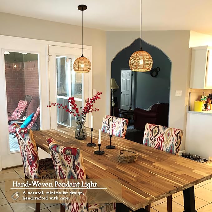 2 Pack Wicker Pendant Light Natural Woven Pendant Light Boho Chandelier Light Fixture Dome Rustic Farmhouse Pendant Lights Rattan Light Fixture for Kitchen Island Dining Room (Bulb Incl.)