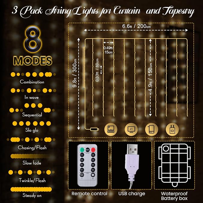 Tuanse 3 Pack 195 LED Curtain Tapestry Lights Backdrop String Lights, 6.5 x 5 Feet Hanging Fairy Curtain Light with 8 Lighting Modes and Remote for Bedroom Window Wall Indoor Outdoor Graduation Decor