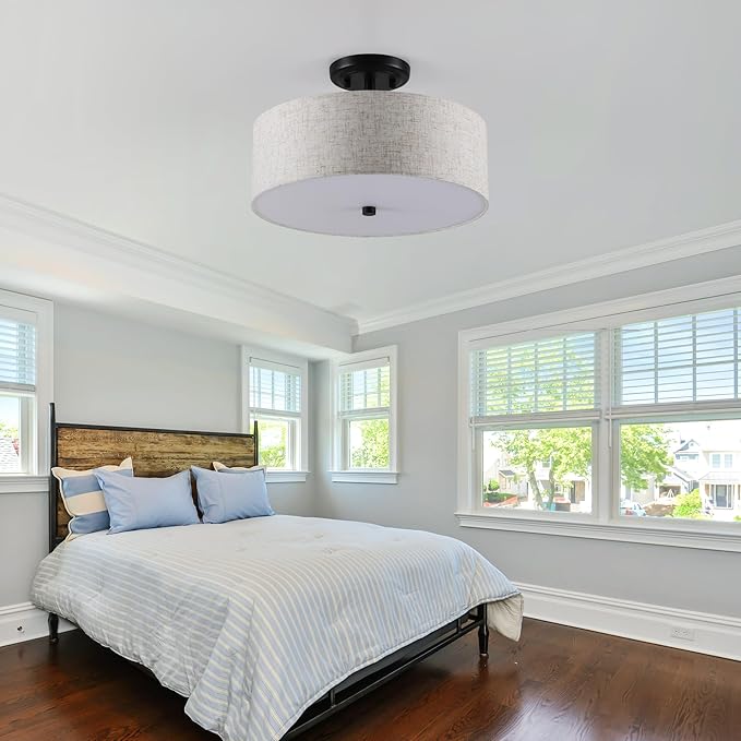 13.8 Inch Semi Flush Mount Ceiling Light Fixture, 3-Light Modern Farmhouse Drum Pendant with Fabric Shade for Bedroom Hallway Entryway Living Room (Oatmeal+Black)