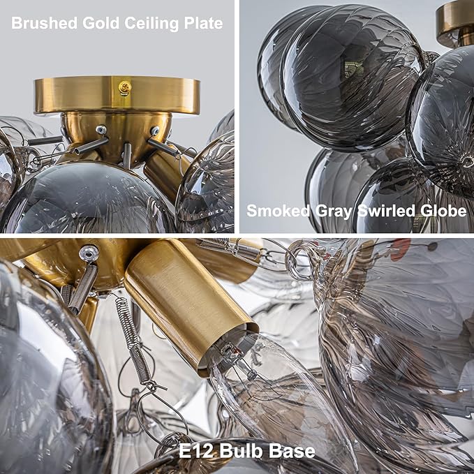 GoYeel Bubble Ceiling Light Fixture 18.5"-Glass Light Fixtures Ceiling Mount Modern Gold Chandelier Dining Room with 13 Swirled Smoke Grey Globe for Kitchen Bathroom Entryway Bedroom