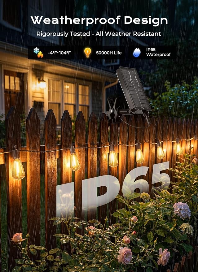 Brightown 58FT Solar String Lights Outdoor Waterproof, Patio Lights with Remote and 25+1 LED Shatterproof Bulbs, Dimmable & Timable, 3 Light Modes, Solar Lights Outdoor for Yard Camping Party Outside