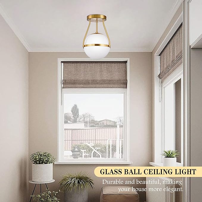 Bagood 8 Inch Mid Century Ceiling Light Modern Semi Flush Mount Ceiling Light Fixture Globe Ceiling Light Fixture with Milk Glass Shade Brass Finish for Kitchen Island Hallway Living Room (Bulb Incl.)