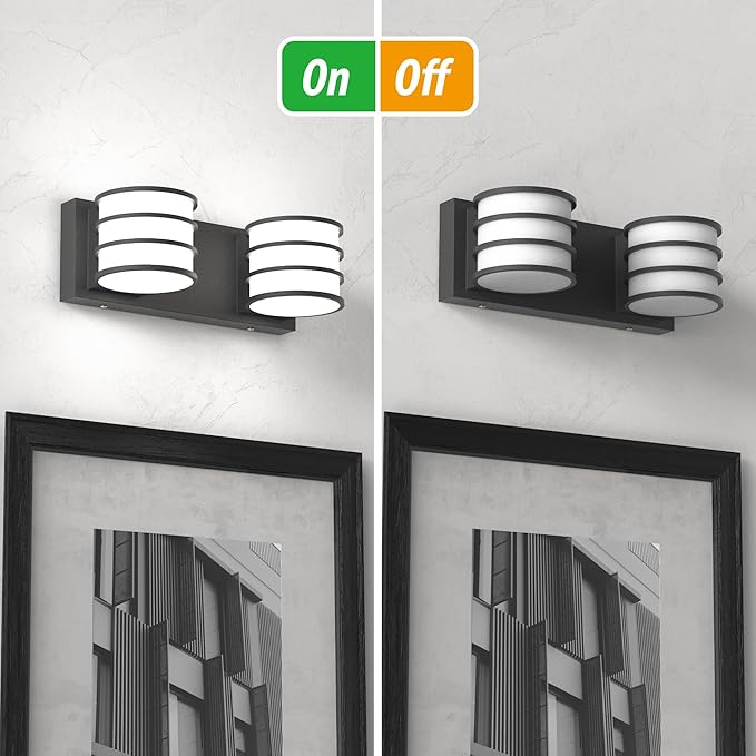 LED Bathroom Vanity Light - 12.6 Inch Black 2-Light Fixture with White Acrylic Shades, 6000K Cool White, Mirror Lighting for Bathroom, Bedroom, Hallway, Living Room Wall Sconce