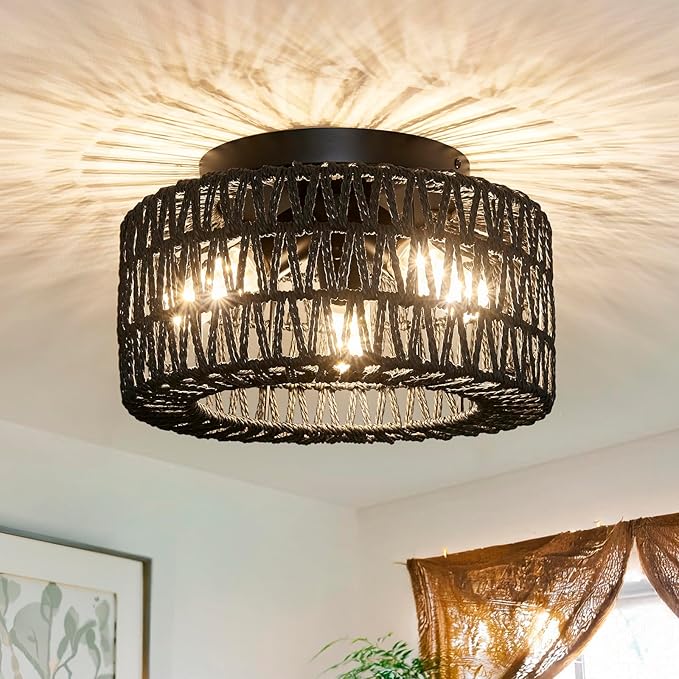 Rattan Light Fixtures Ceiling Mount, 3-Lights Boho Flush Mount Ceiling Light, Hand-Woven Cage Shade Lamp Lighting, Rustic Rattan Chandelier for Hallway Bedroom Kitchen Farmhouse Foyer Entryway (Black)