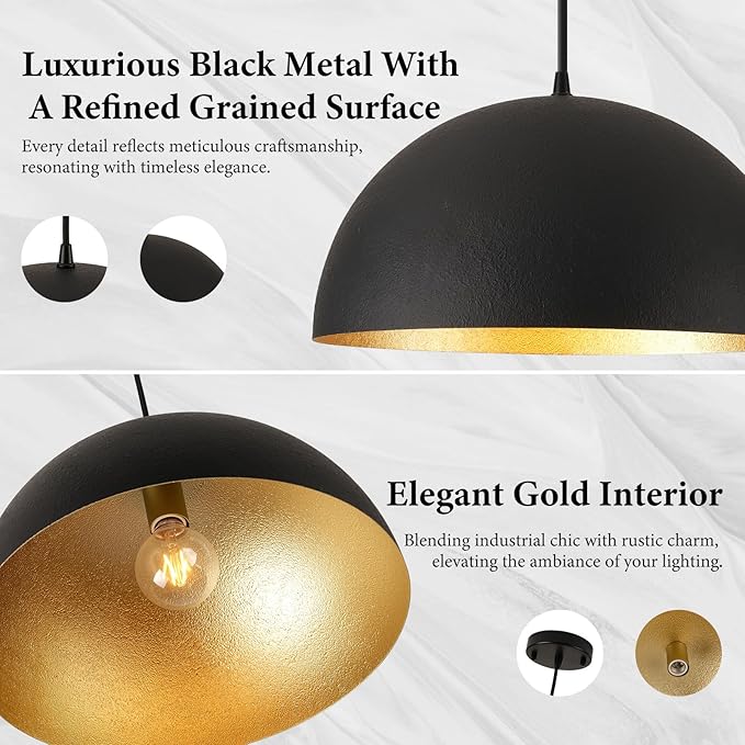 Farmhouse Pendant Light Fixtures,12" Pendant Lights Kitchen Island, Black and Gold Industrial Hanging Ceiling Light for Kitchen Foyer Cafe Dining Room Sink,2 Pack